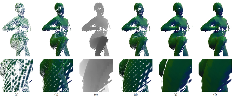 Surfel splatting on a pose of the “kick” 4D point cloud dataset: a) regular splatting; b) splatting without depth; c) two-pass splatting: visibility pass; d) two-pass splatting: shading pass; e) fully enlarged splatting (2x); f) proposed enlarged splatting (2x).