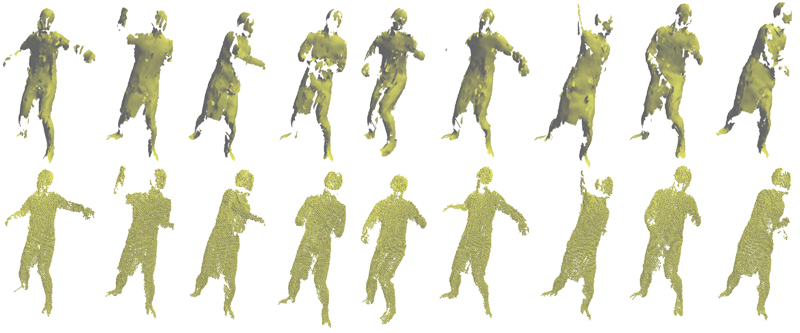 Different poses of the “baseball” 4D point cloud dataset rendered through surfels (top row) and voxels (bottom row).