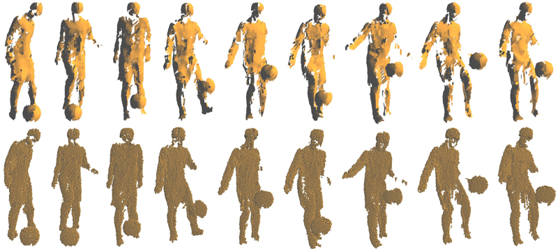 Different poses of the “soccer (juggle)” 4D point cloud dataset rendered through surfels (top row) and voxels (bottom row).
